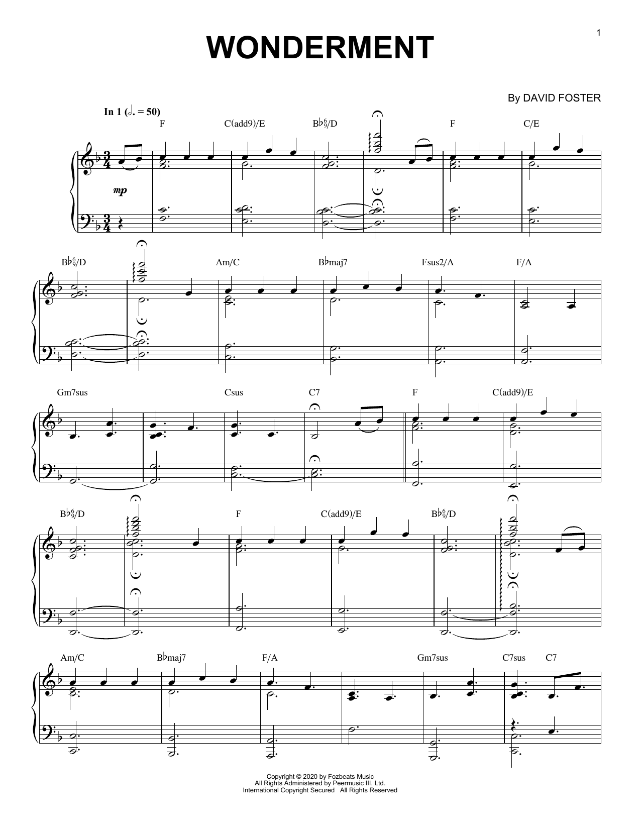 David Foster Wonderment sheet music notes and chords arranged for Piano Solo