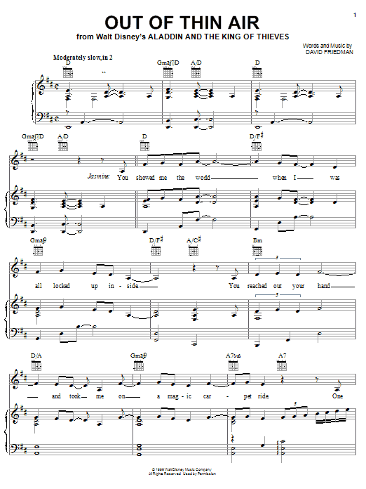 David Friedman Out Of Thin Air (from Aladdin and the King of Thieves) sheet music notes and chords arranged for Big Note Piano