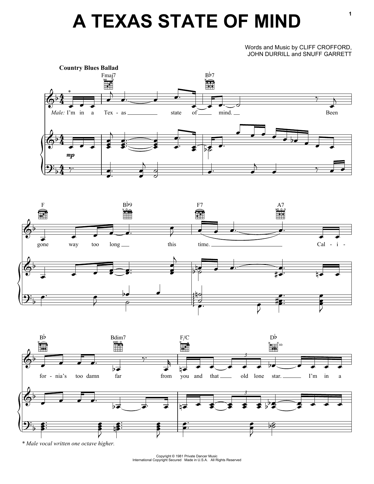 David Frizzell and Shelly West A Texas State Of Mind sheet music notes and chords arranged for Piano, Vocal & Guitar Chords (Right-Hand Melody)