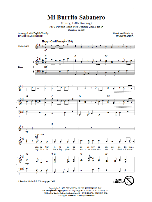 David Giardiniere El Burrito Sabanero (Mi Burrito Sabanero) sheet music notes and chords arranged for 2-Part Choir