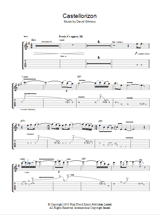 David Gilmour Castellorizon sheet music notes and chords arranged for Guitar Tab