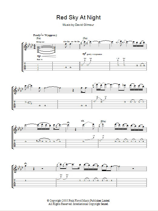 David Gilmour Red Sky At Night sheet music notes and chords arranged for Guitar Tab
