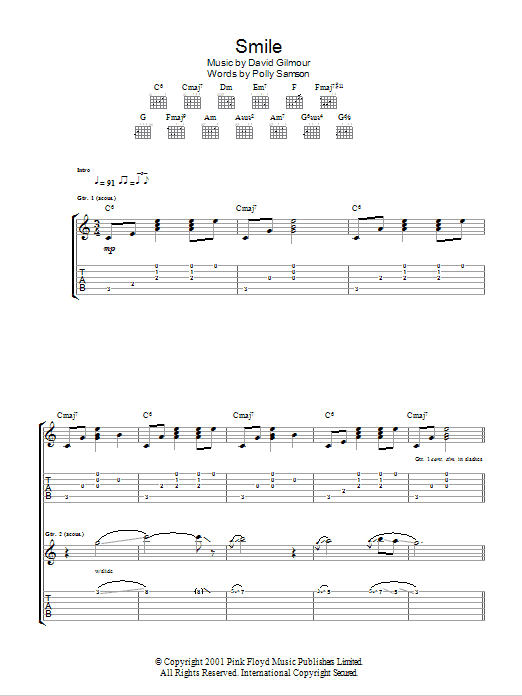 David Gilmour Smile sheet music notes and chords arranged for Guitar Tab