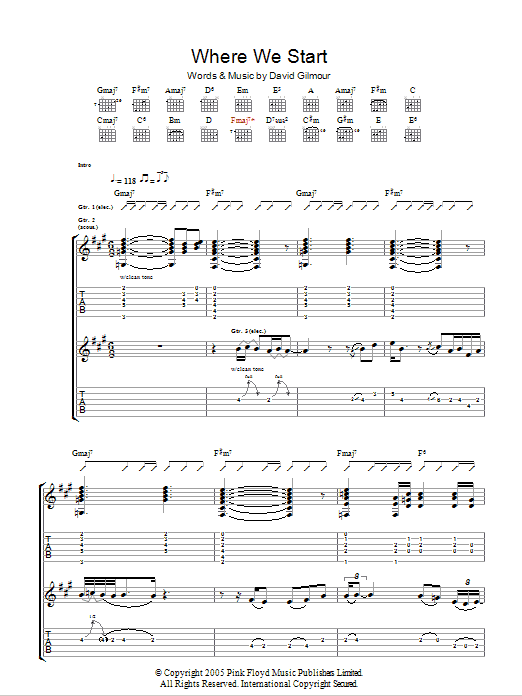 David Gilmour Where We Start sheet music notes and chords arranged for Guitar Tab