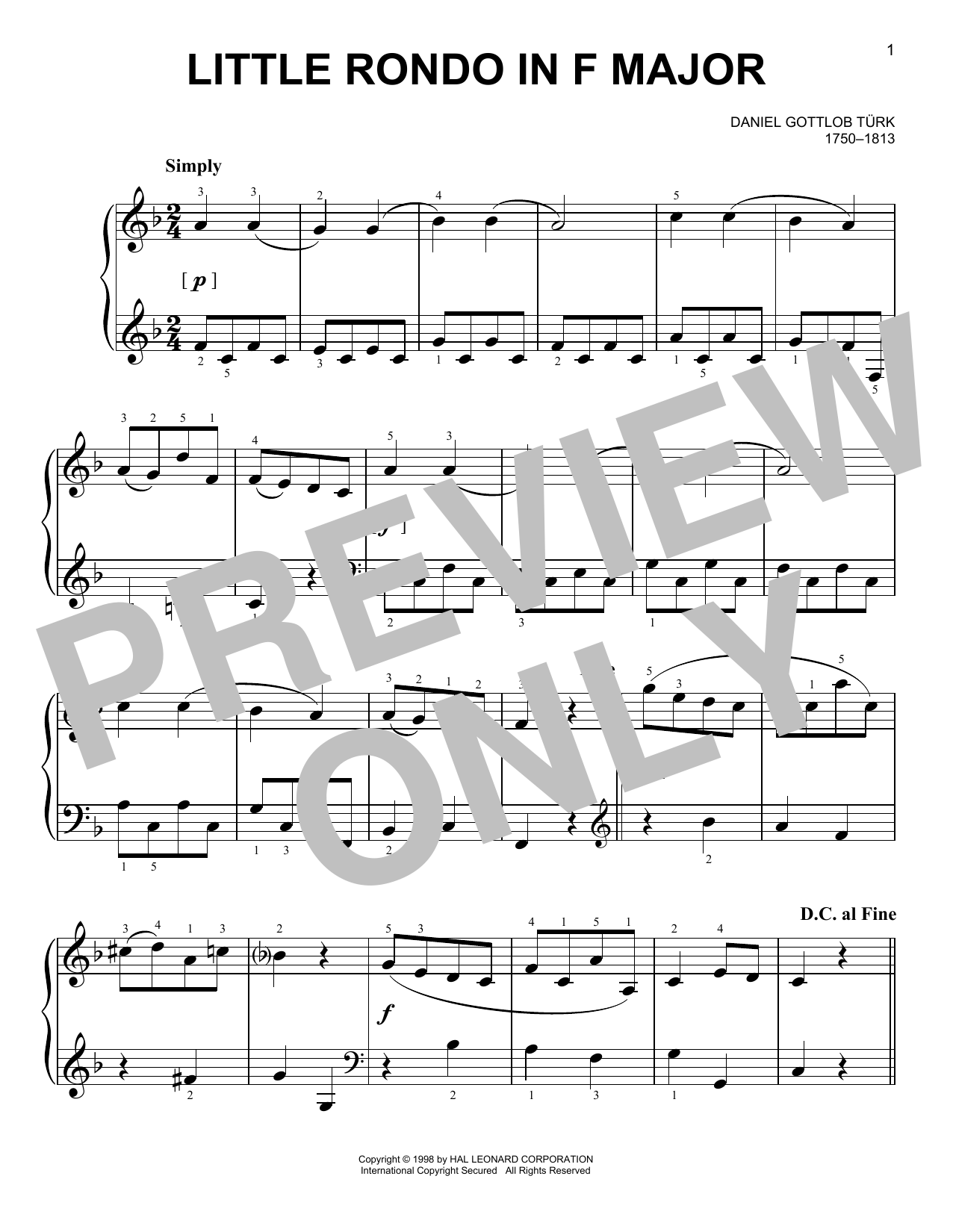David Gottlob Turk Little Rondo sheet music notes and chords arranged for Easy Piano