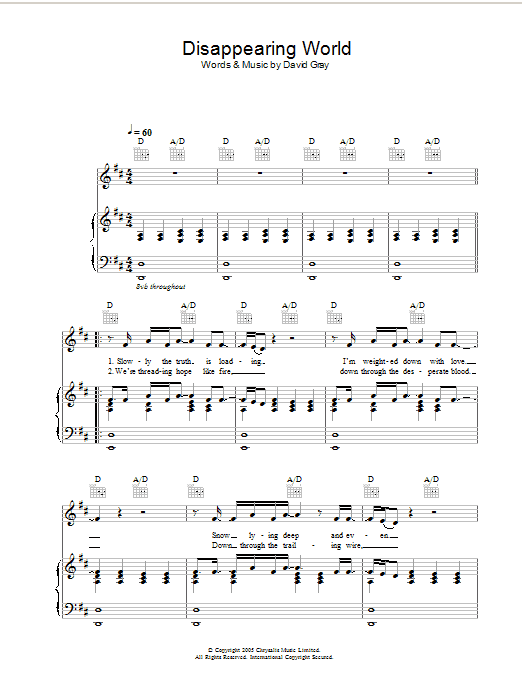 David Gray Disappearing World sheet music notes and chords arranged for Piano, Vocal & Guitar Chords