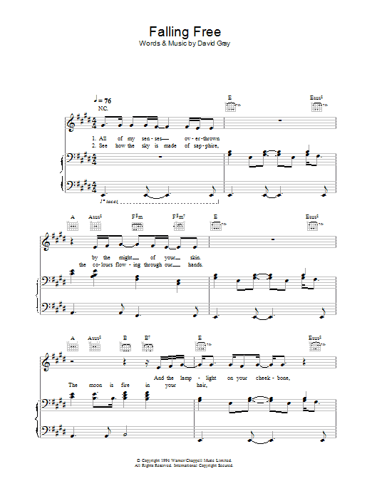 David Gray Falling Free sheet music notes and chords arranged for Piano, Vocal & Guitar Chords