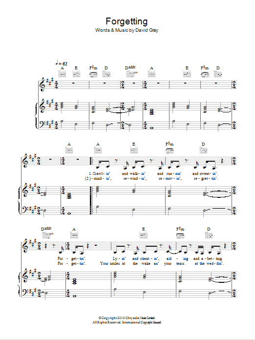 David Gray Forgetting sheet music notes and chords arranged for Piano, Vocal & Guitar Chords