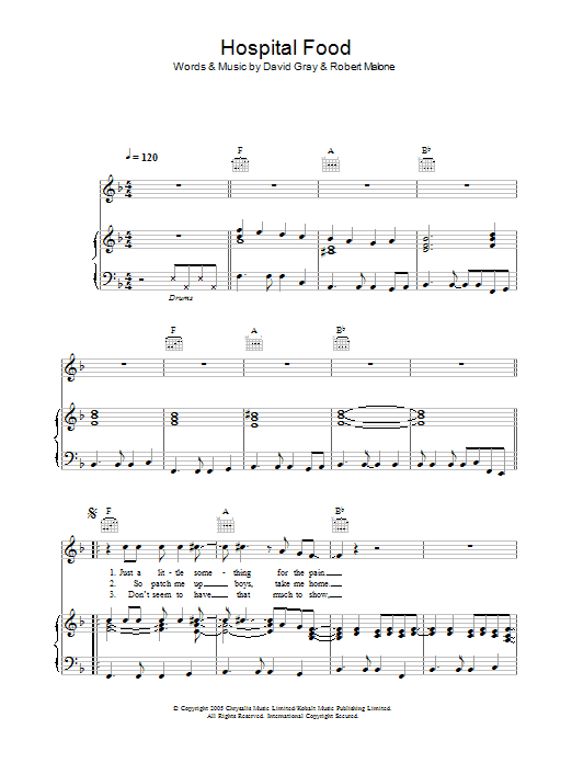David Gray Hospital Food sheet music notes and chords arranged for Piano, Vocal & Guitar Chords