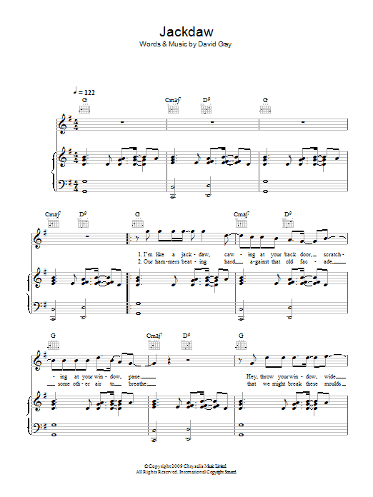 David Gray Jackdaw sheet music notes and chords arranged for Piano, Vocal & Guitar Chords
