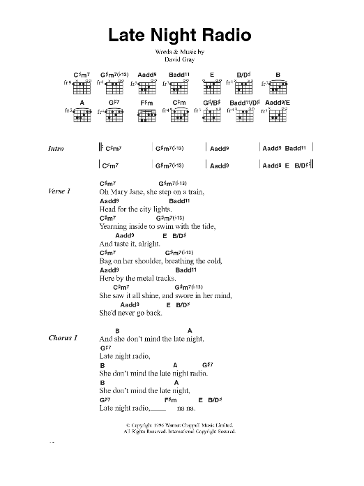 David Gray Late Night Radio sheet music notes and chords arranged for Guitar Chords/Lyrics