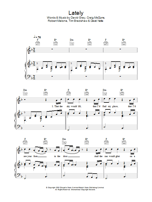 David Gray Lately sheet music notes and chords arranged for Piano, Vocal & Guitar Chords