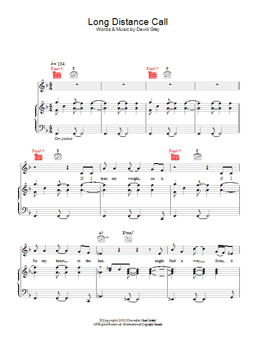 David Gray Long Distance Call sheet music notes and chords arranged for Piano, Vocal & Guitar Chords