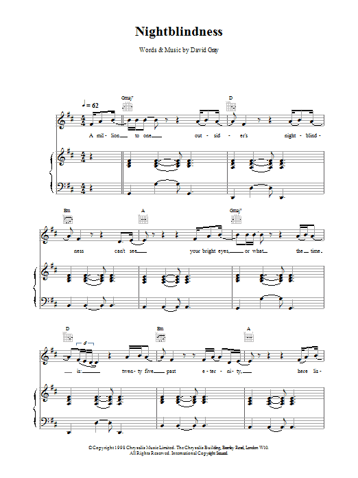 David Gray Nightblindness sheet music notes and chords arranged for Piano, Vocal & Guitar Chords
