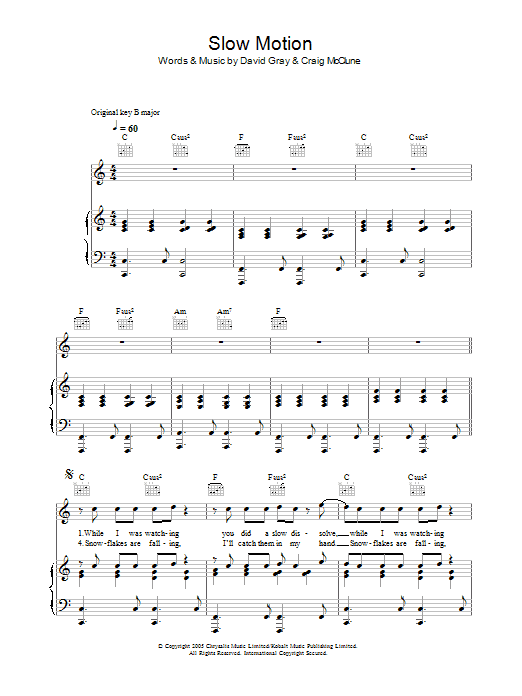 David Gray Slow Motion sheet music notes and chords arranged for Piano, Vocal & Guitar Chords