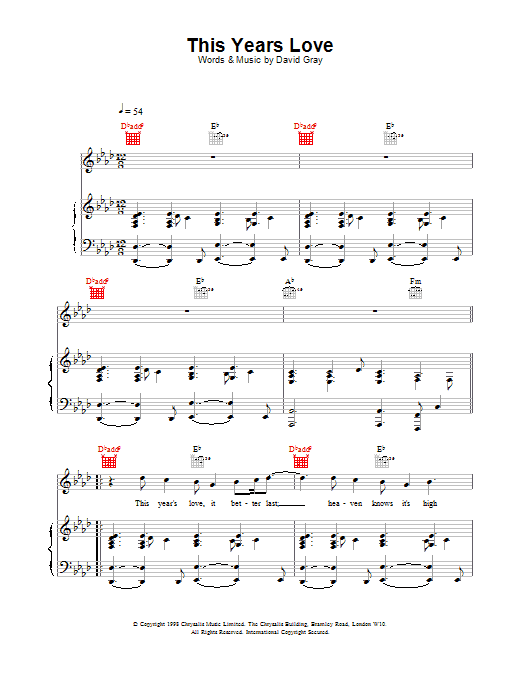 David Gray This Year's Love sheet music notes and chords arranged for Piano, Vocal & Guitar Chords