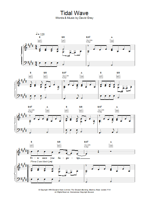 David Gray Tidal Wave sheet music notes and chords arranged for Piano, Vocal & Guitar Chords