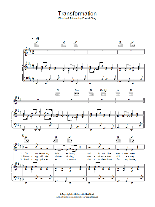 David Gray Transformation sheet music notes and chords arranged for Piano, Vocal & Guitar Chords
