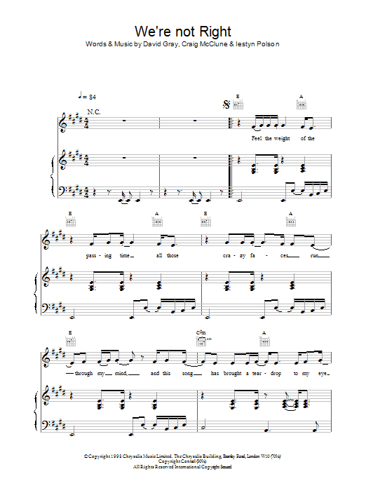 David Gray We're Not Right sheet music notes and chords arranged for Piano, Vocal & Guitar Chords