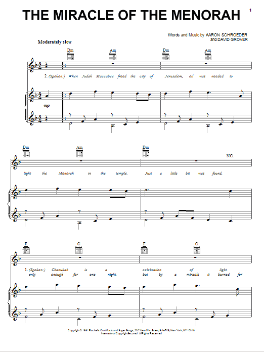 David Grover & The Big Bear Band The Miracle Of The Menorah sheet music notes and chords arranged for Piano, Vocal & Guitar Chords (Right-Hand Melody)
