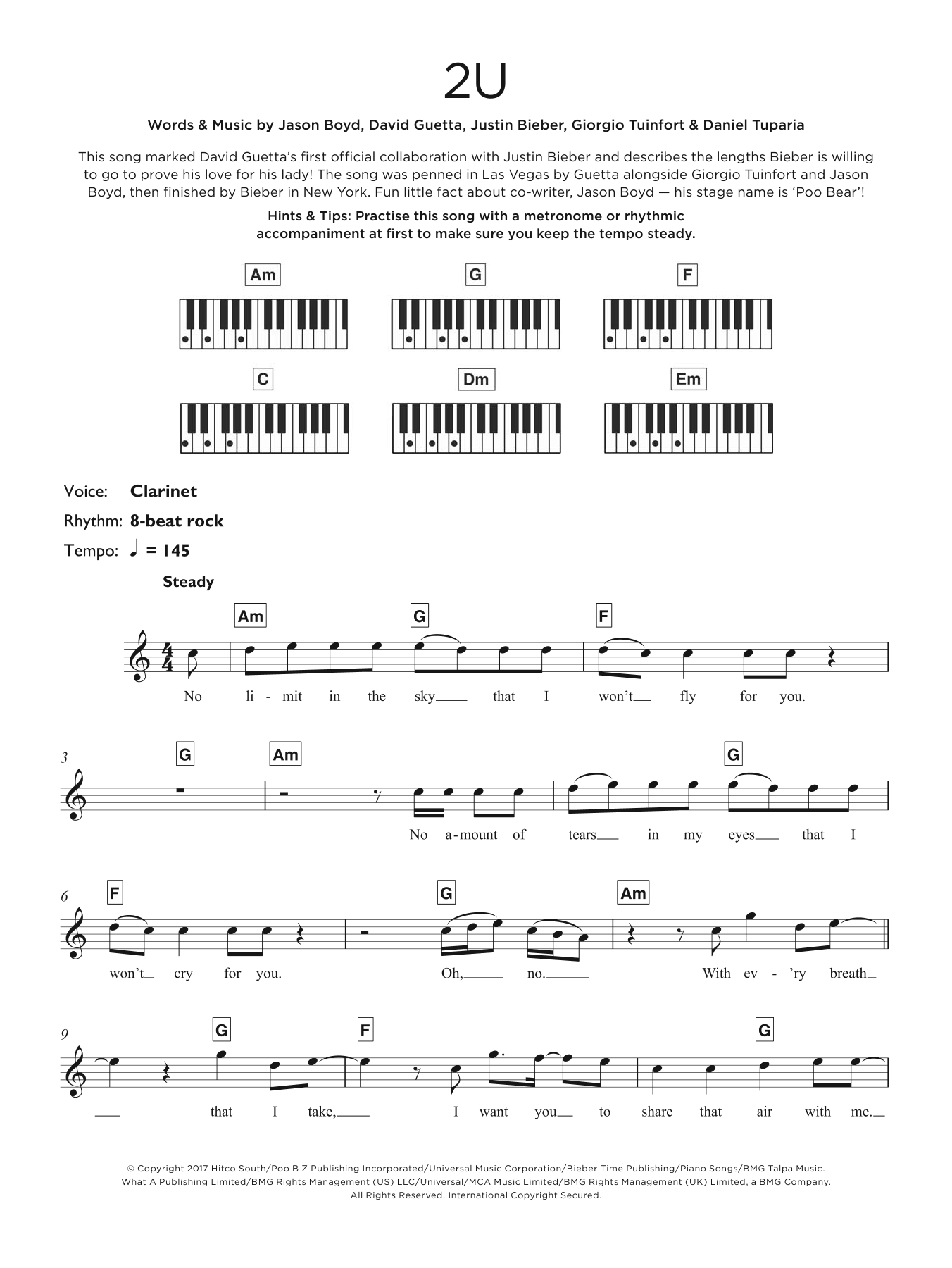 David Guetta 2U (featuring Justin Bieber) sheet music notes and chords arranged for Keyboard (Abridged)