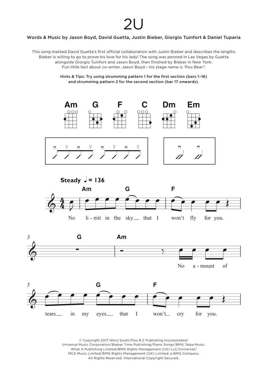 David Guetta 2U sheet music notes and chords arranged for Ukulele