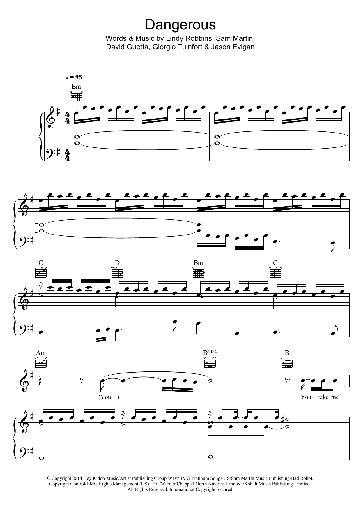David Guetta Dangerous (featuring Sam Martin) sheet music notes and chords arranged for Piano, Vocal & Guitar Chords