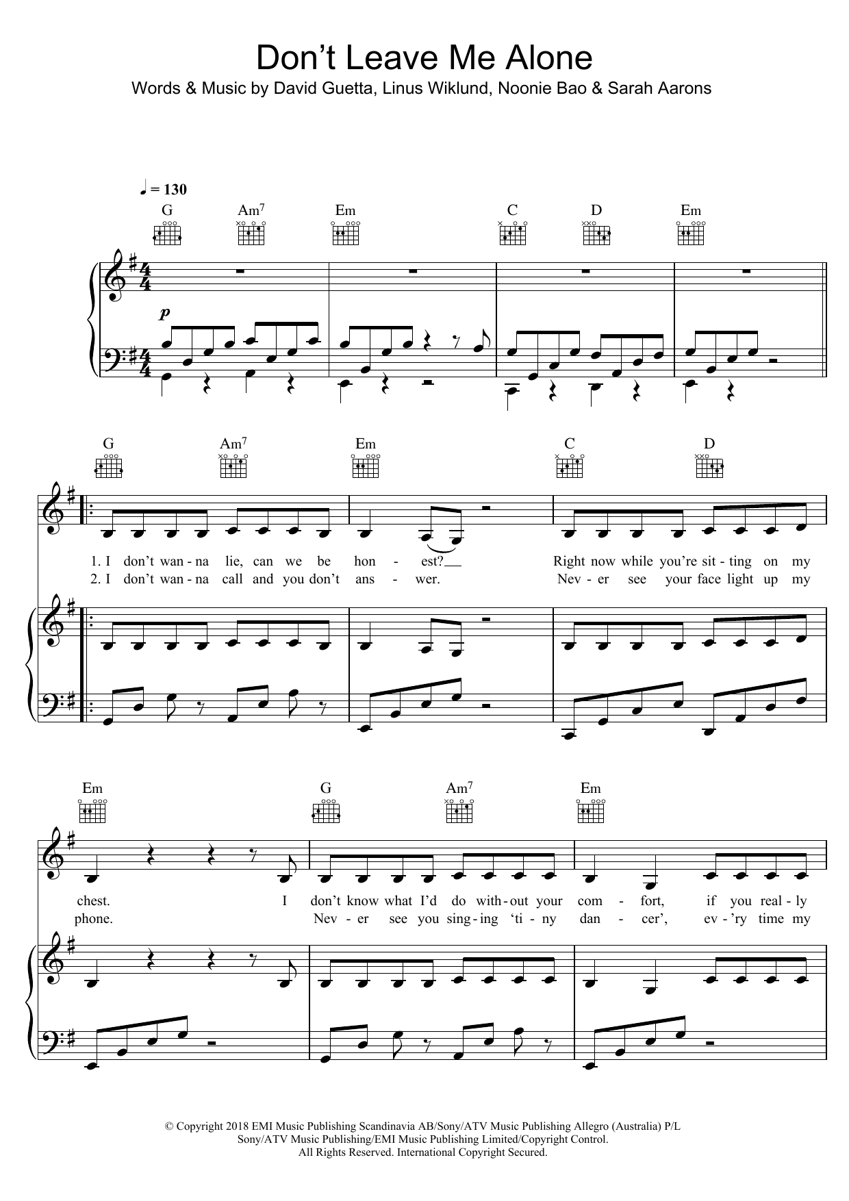 David Guetta Don't Leave Me Alone (featuring Anne-Marie) sheet music notes and chords arranged for Piano, Vocal & Guitar Chords (Right-Hand Melody)