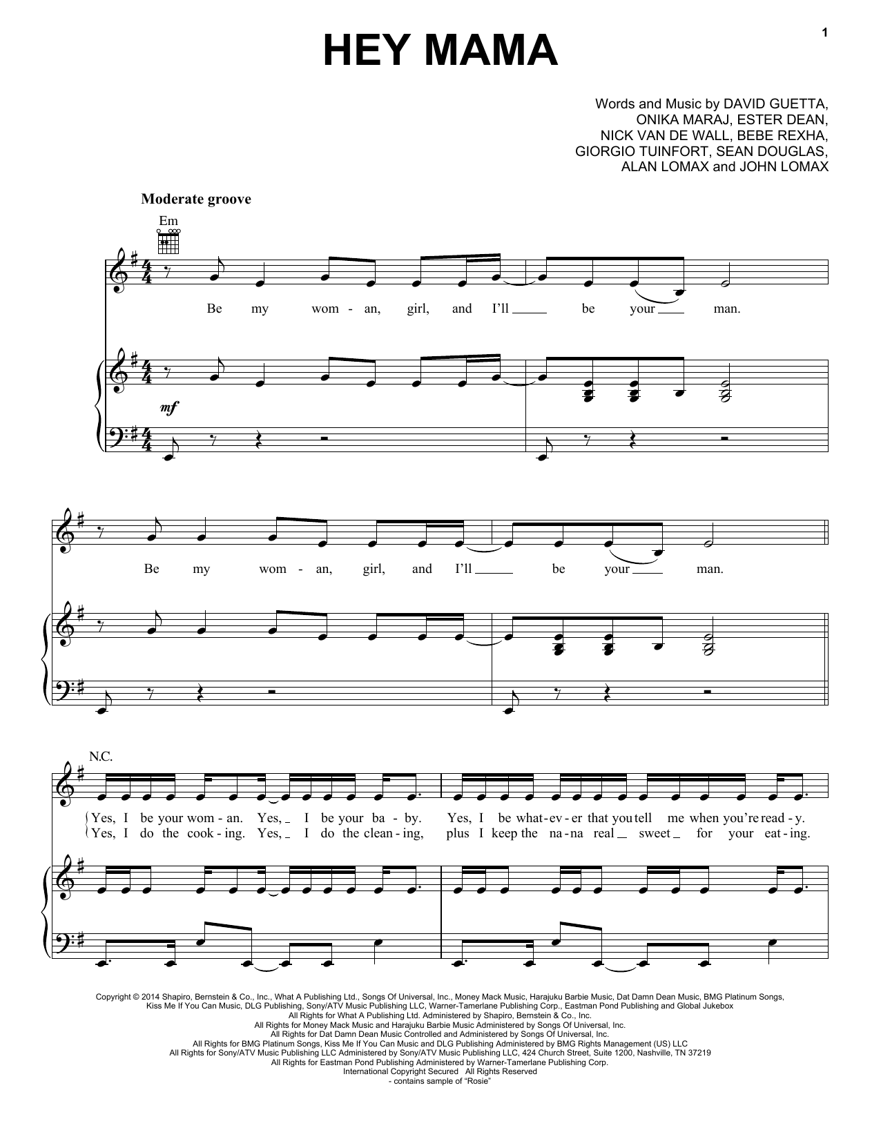 David Guetta feat. Nicki Minaj & Afrojack Hey Mama sheet music notes and chords arranged for Piano, Vocal & Guitar Chords (Right-Hand Melody)