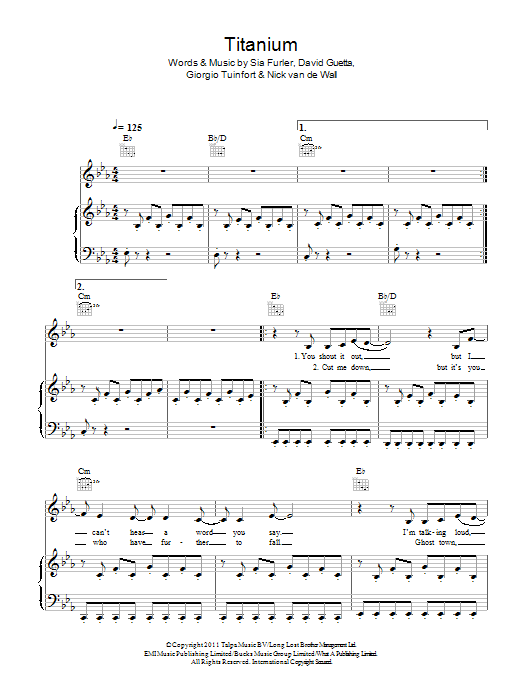 David Guetta featuring Sia Titanium sheet music notes and chords arranged for Piano, Vocal & Guitar Chords