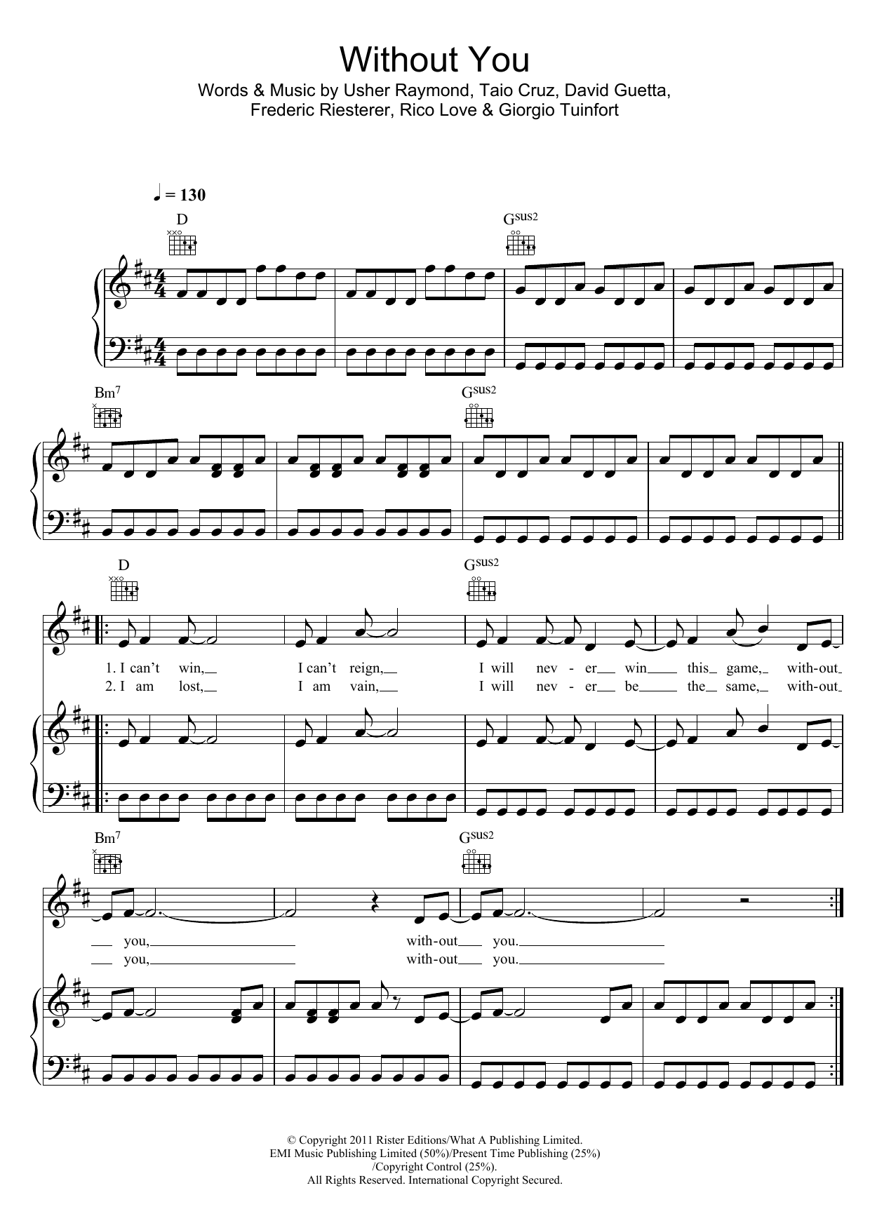 David Guetta featuring Usher Without You (featuring Usher) sheet music notes and chords arranged for Piano, Vocal & Guitar Chords