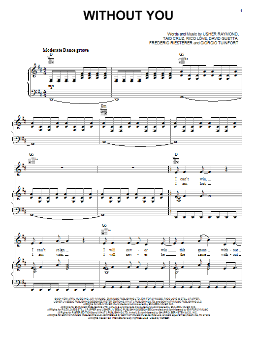 David Guetta featuring Usher Without You sheet music notes and chords arranged for Piano, Vocal & Guitar Chords (Right-Hand Melody)