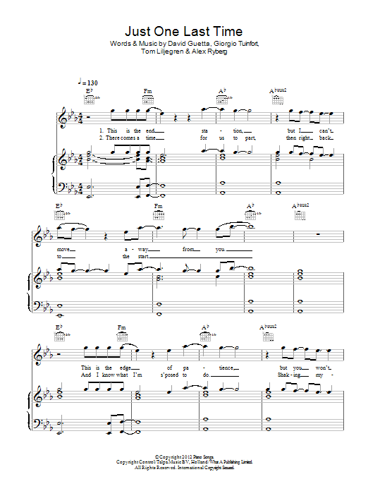 David Guetta Just One Last Time sheet music notes and chords arranged for Piano, Vocal & Guitar Chords