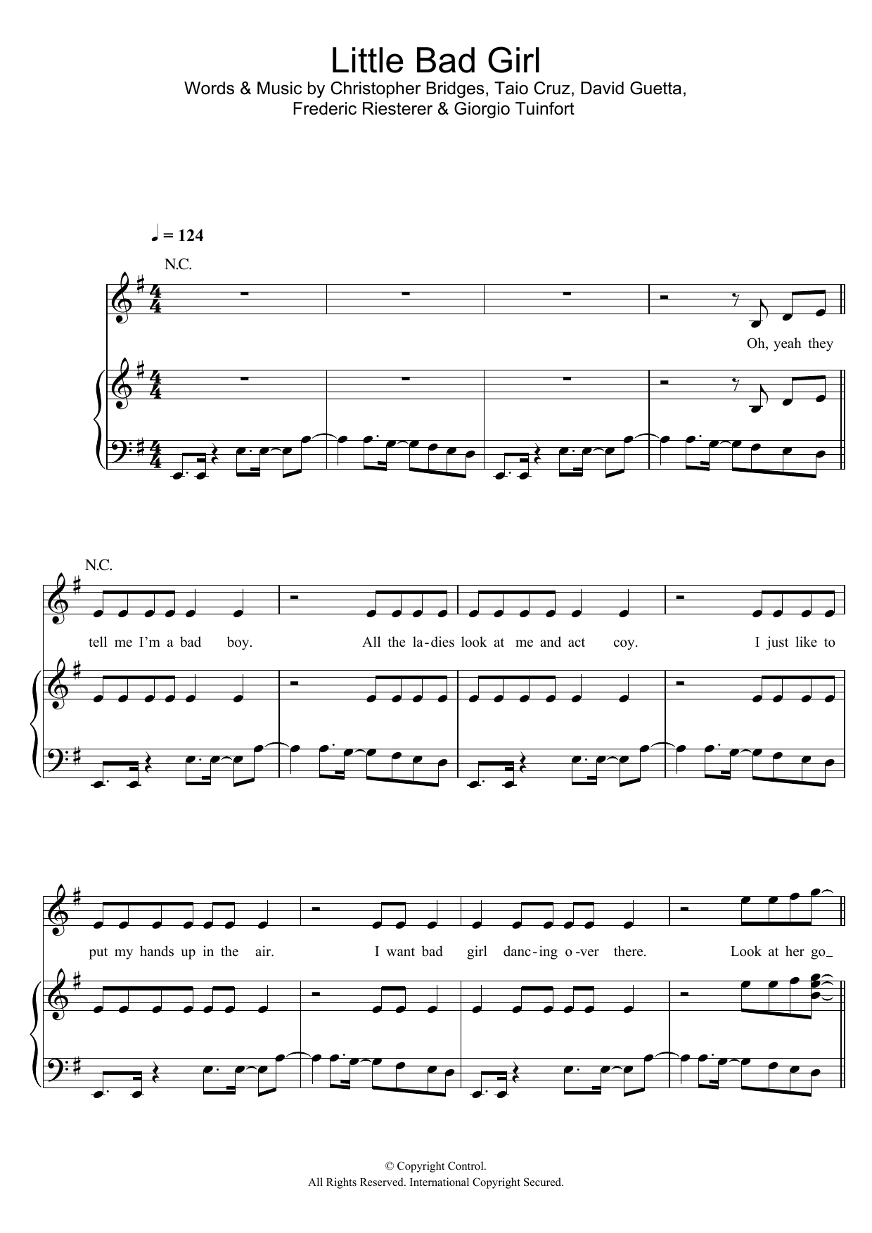 David Guetta Little Bad Girl (featuring Taio Cruz) sheet music notes and chords arranged for Piano, Vocal & Guitar Chords