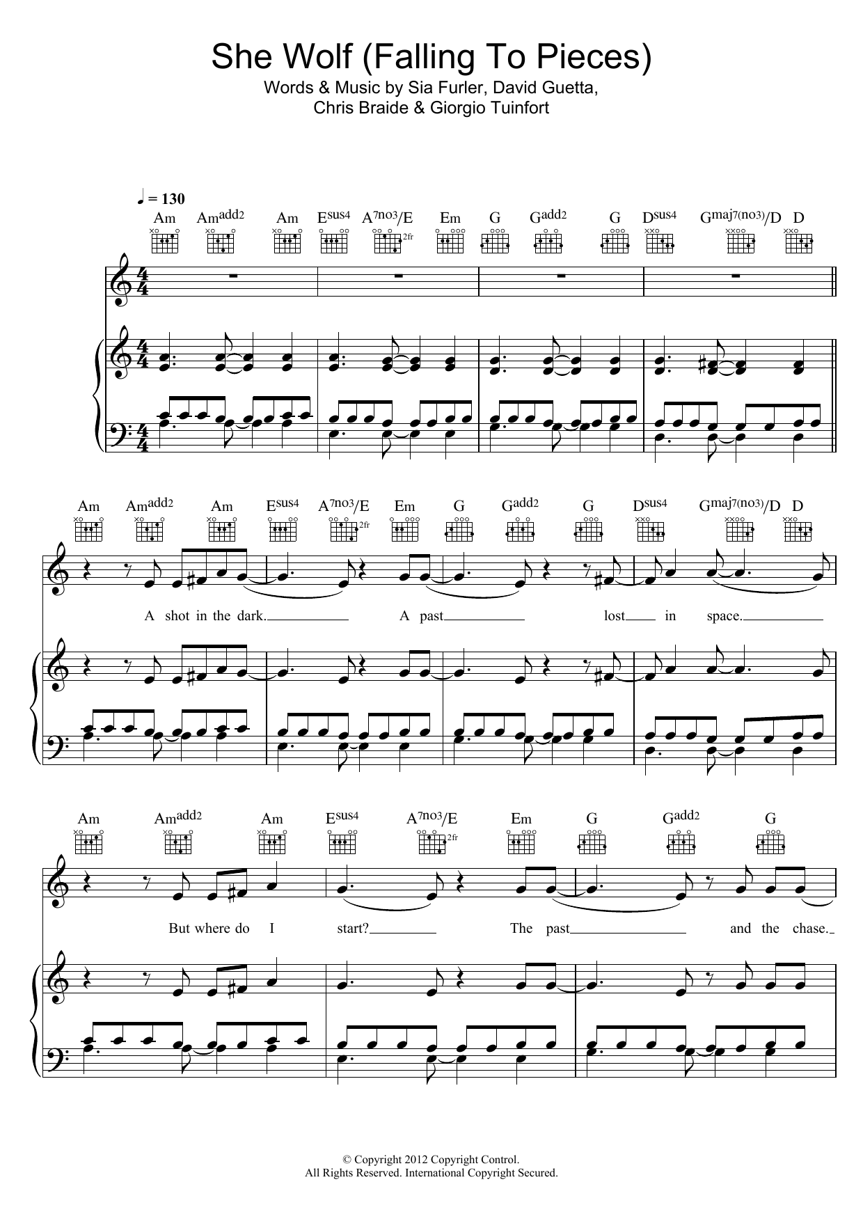David Guetta She Wolf (Falling To Pieces) (featuring Sia) sheet music notes and chords arranged for Piano, Vocal & Guitar Chords