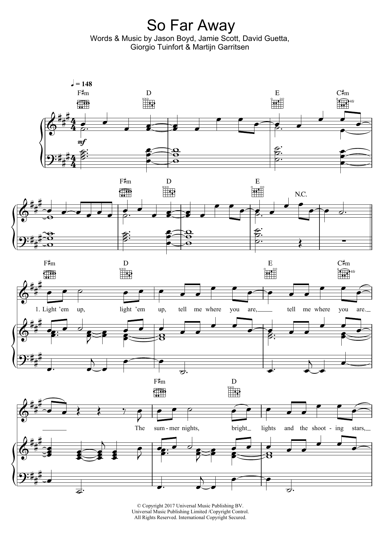 David Guetta So Far Away (featuring Jamie Scott and Romy Dya) sheet music notes and chords arranged for Piano, Vocal & Guitar Chords