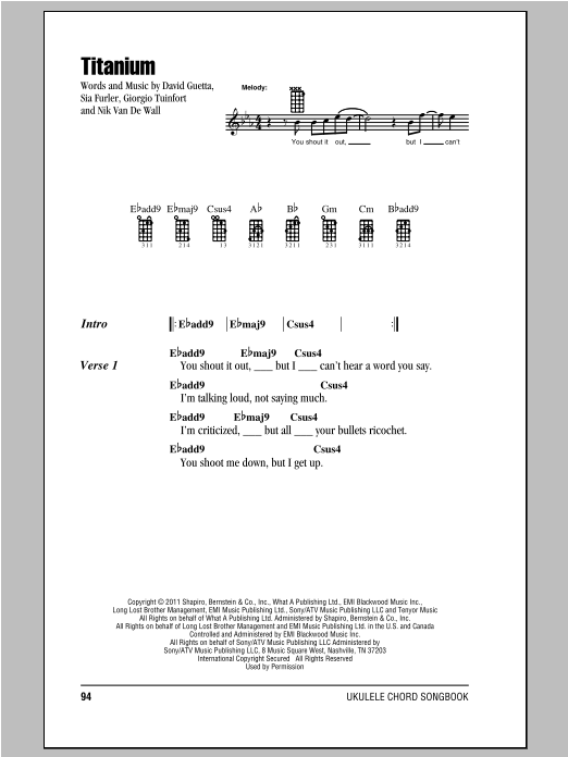 David Guetta Titanium sheet music notes and chords arranged for Ukulele Chords/Lyrics