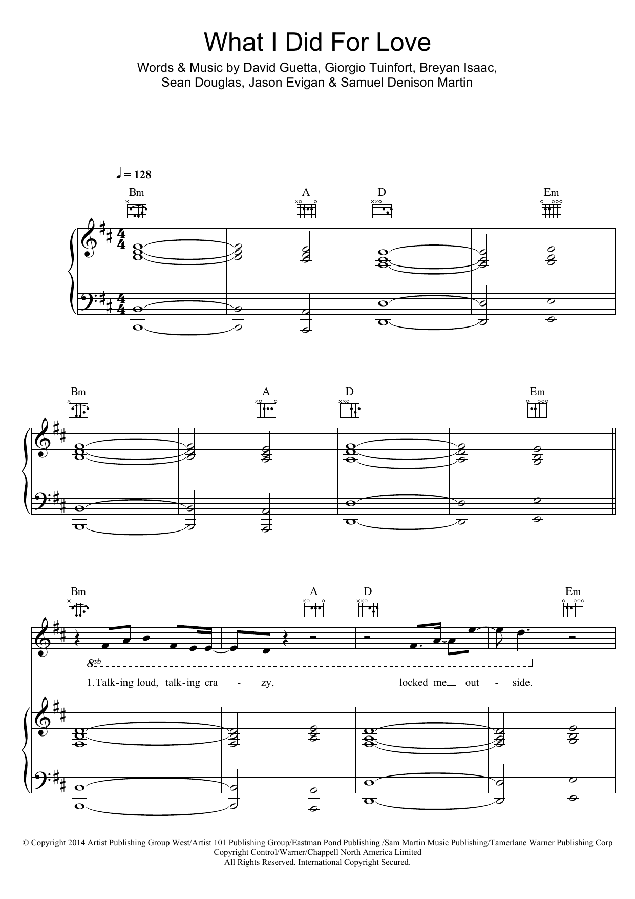 David Guetta What I Did For Love (feat. Emeli Sande) sheet music notes and chords arranged for Piano, Vocal & Guitar Chords