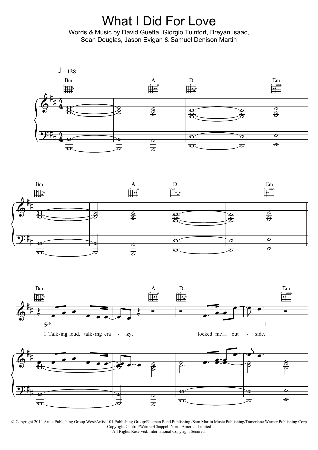 David Guetta What I Did For Love (featuring Emeli Sande) sheet music notes and chords arranged for Piano, Vocal & Guitar Chords