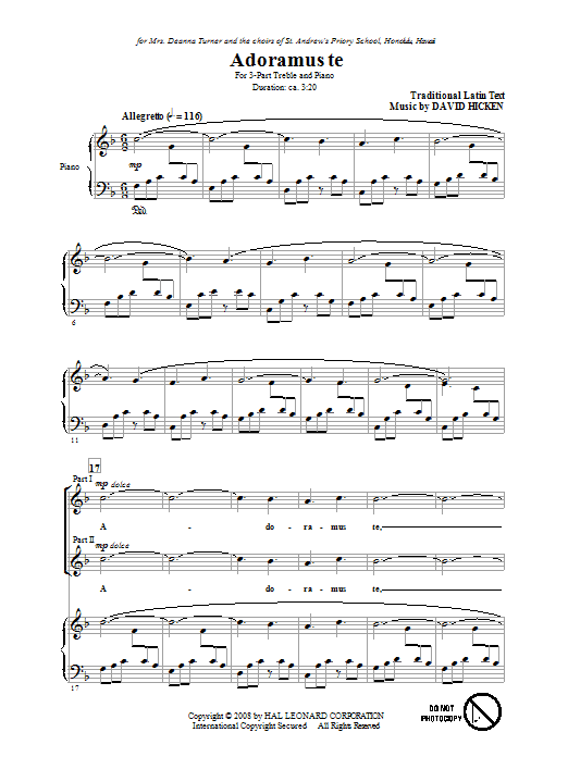 David Hicken Adoramus Te sheet music notes and chords arranged for 3-Part Treble Choir