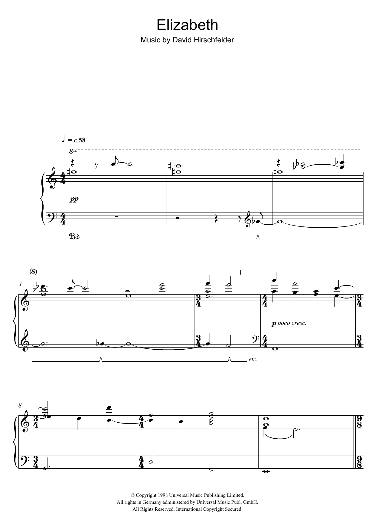 David Hirschfelder Elizabeth (Love Theme) sheet music notes and chords arranged for Piano Solo