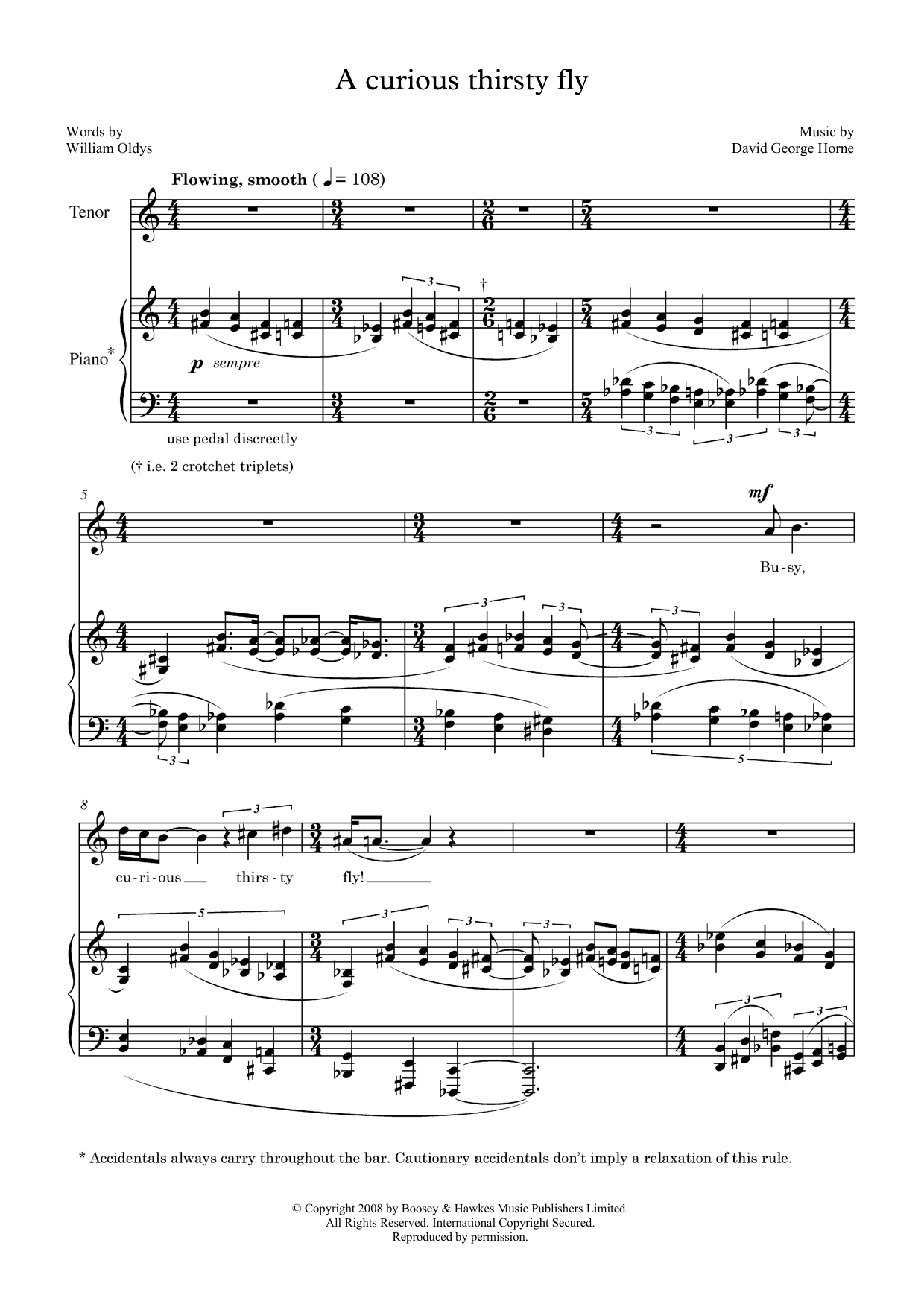 David Horne A curious thirsty fly (for tenor and piano) sheet music notes and chords arranged for Piano & Vocal