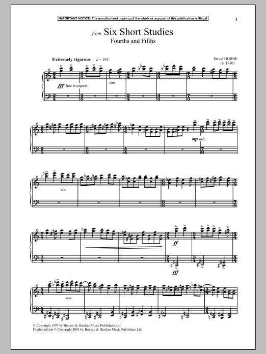David Horne Six Short Studies, Fourths And Fifths sheet music notes and chords arranged for Piano Solo