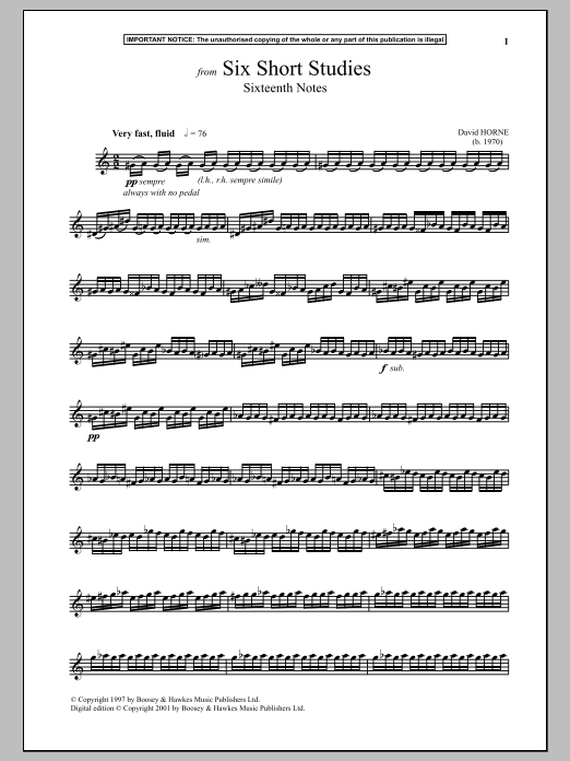David Horne Six Short Studies, Sixteenth Notes sheet music notes and chords arranged for Piano Solo