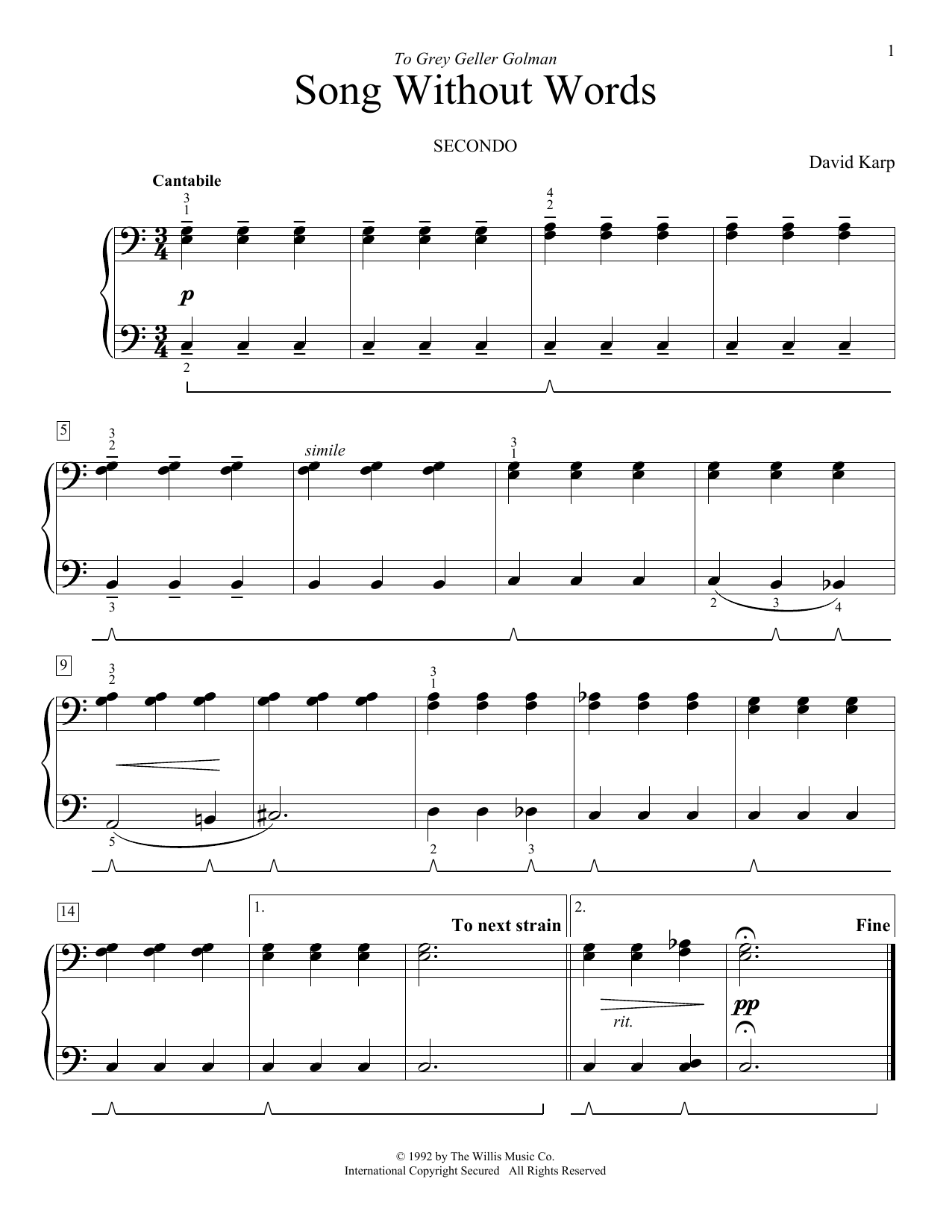 David Karp Song Without Words sheet music notes and chords arranged for Piano Duet