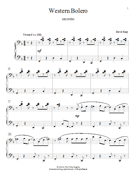 David Karp Western Bolero sheet music notes and chords arranged for Piano Duet