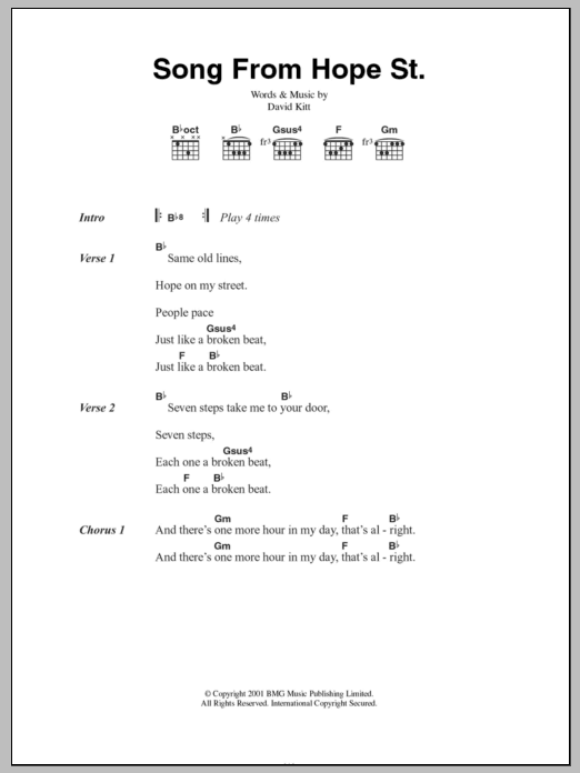 David Kitt Song From Hope St. sheet music notes and chords arranged for Guitar Chords/Lyrics