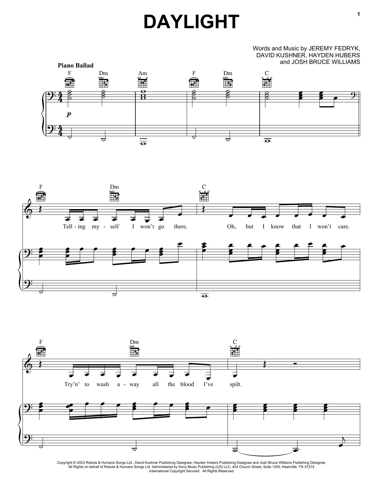 David Kushner Daylight sheet music notes and chords arranged for Piano, Vocal & Guitar Chords (Right-Hand Melody)