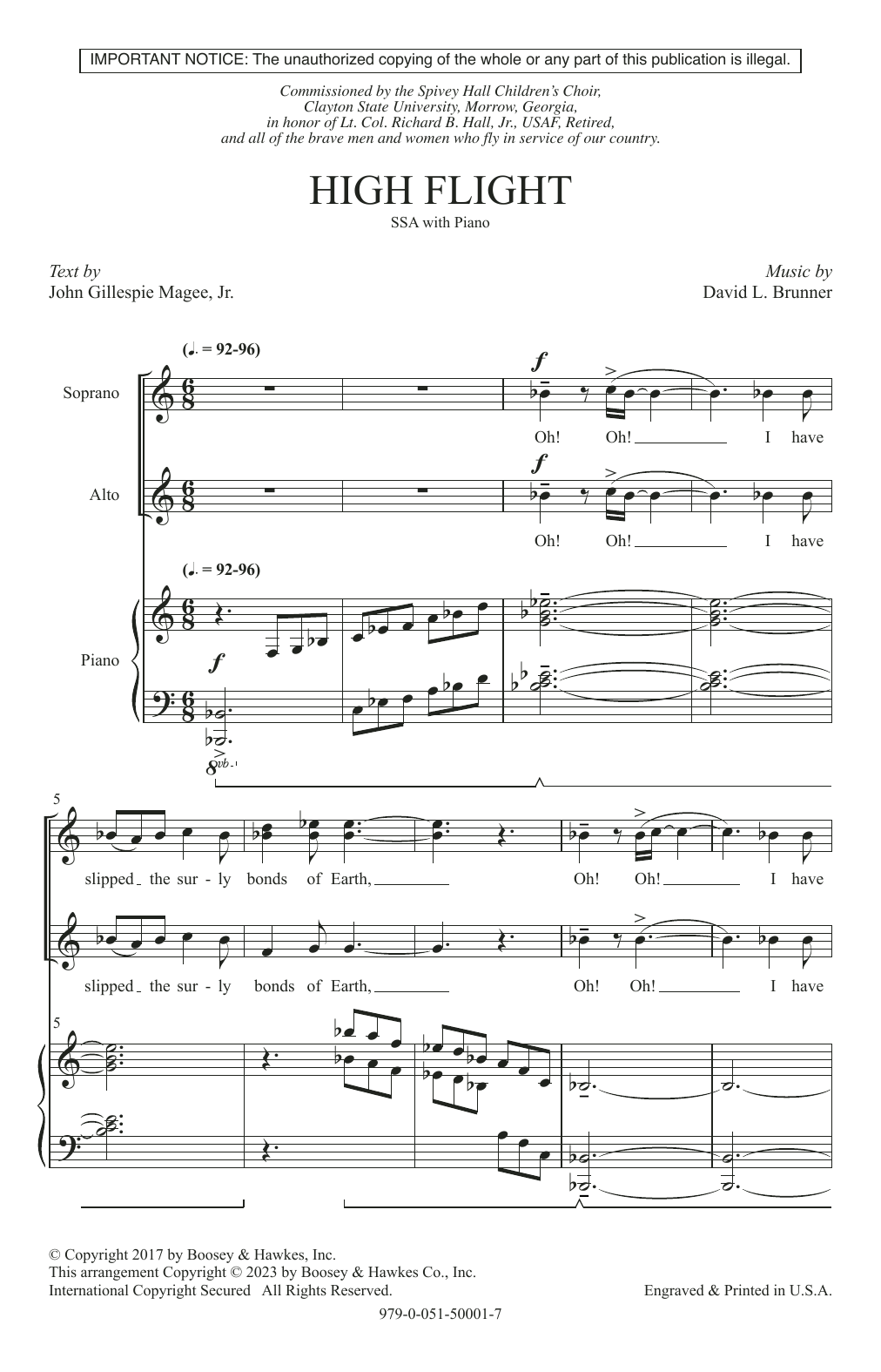 David L. Brunner High Flight sheet music notes and chords arranged for SSA Choir