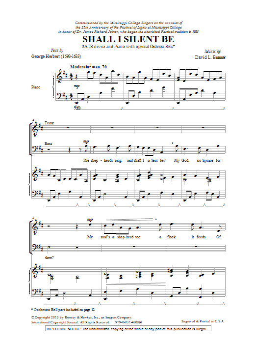 David L. Brunner Shall I Silent Be sheet music notes and chords arranged for SATB Choir